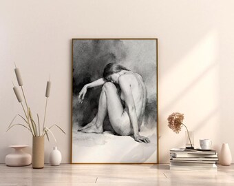 Impresión minimalista de acuarela de una mujer sentada en tonos grises suaves (descarga digital)