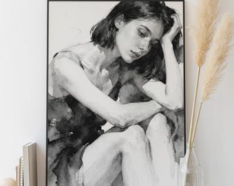 Impresión artística minimalista de acuarela de mujer con figura plegada en escala de grises (descarga digital)