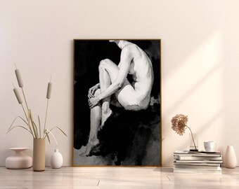 Impresión artística en acuarela monocromática de un desnudo sentado en estilo figurativo minimalista (descarga digital)