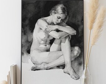 Impresión artística de acuarela de mujer desnuda sentada / Decoración de pared figurativa minimalista (descarga digital)