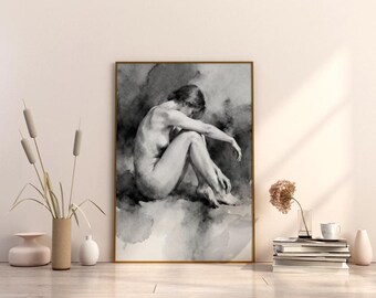 Impresión artística de acuarela de un desnudo sentado en un estilo minimalista en blanco y negro (descarga digital)