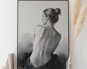 Retrato minimalista de espaldas desnudas en acuarela / Arte de figura femenina en blanco y negro / Elegante arte mural imprimible (descarga digital)