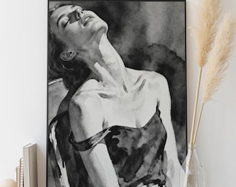 Retrato de mujer en acuarela en blanco y negro / Impresión artística minimalista (descarga digital)