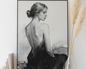 Impresión artística de acuarela de espalda femenina desnuda / Decoración de pared figurativa minimalista (descarga digital)