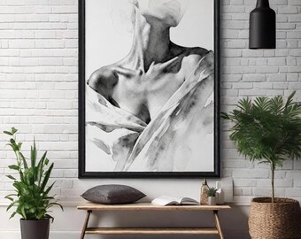 Torso femenino sensual en acuarela / Arte mural en blanco y negro para tocador / Lámina de arte femenino oscuro (descarga digital)