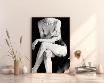 Impresión minimalista de acuarela de una mujer sentada en blanco y negro (descarga digital)
