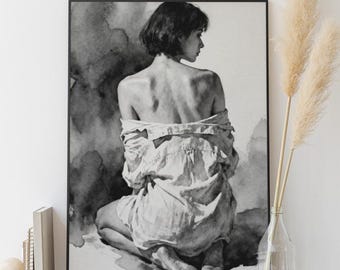 Retrato de mujer sentada con la espalda descubierta en acuarela, arte figurativo minimalista suave (descarga digital)