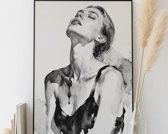 Sinnliche Frau Aquarell Portrait | Ausdrucksstarke weibliche Figur Kunst | Schwarz / weiße Boudoir Wandkunst (Digitaler Download)