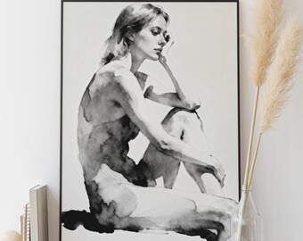 Impresión de acuarela de figura femenina monocromática / Pose elegante minimalista (Descarga digital)