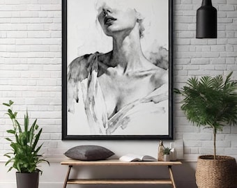 Estampado de acuarela de cuello femenino sensual / Arte mural en blanco y negro para tocador / Lámina artística femenina con un toque melancólico (Descarga digital)