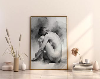 Impresión artística de acuarela de desnudo melancólico / Pintura minimalista de figura femenina (descarga digital)