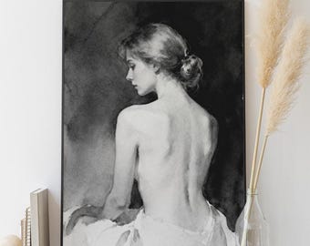 Impresión en acuarela de una mujer desnuda de espaldas en blanco y negro suave, estilo minimalista (descarga digital)