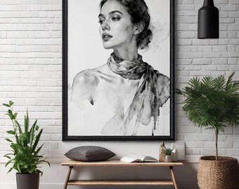 Retrato sensual de mujer en acuarela / Arte mural femenino en blanco y negro / Lámina artística de mujer con actitud melancólica (descarga digital)