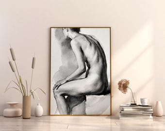 Impresión artística minimalista de acuarela de una figura femenina sentada (descarga digital)