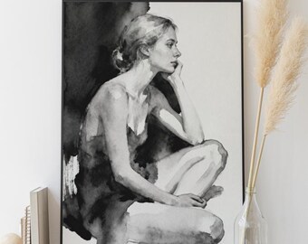 Impresión de acuarela de desnudo femenino contemplativo / Arte mural figurativo minimalista (descarga digital)