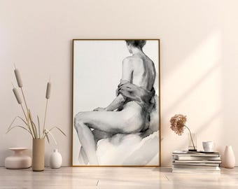 Impresión artística en acuarela de una mujer sentada con la espalda desnuda y detalle de tela drapeada (descarga digital)