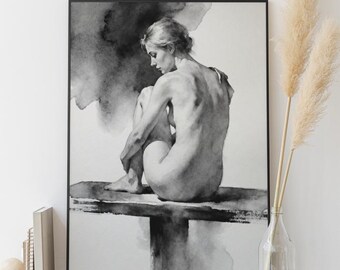 Impresión artística en acuarela de una mujer desnuda sentada con pinceladas suaves y minimalistas (descarga digital)