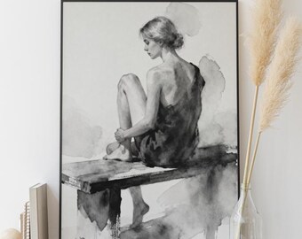 Impresión artística de acuarela de una mujer sentada en negro con pinceladas suaves y minimalistas (descarga digital)