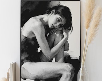 Retrato de mujer en reposo, acuarela, arte figurativo minimalista en blanco y negro (descarga digital)
