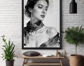 Retrato sensual de mujer en acuarela / Arte femenino melancólico en blanco y negro / Arte mural femenino oscuro (descarga digital)