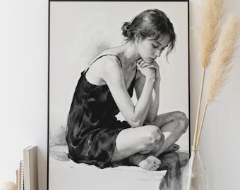 Acuarela minimalista de mujer de espaldas, elegante impresión figurativa en blanco y negro (descarga digital)