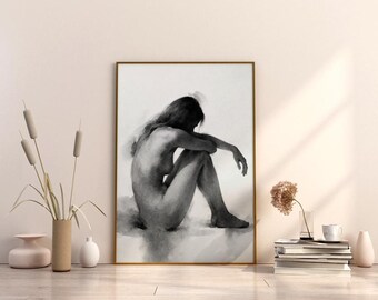 Impresión minimalista de acuarela de una mujer sentada en escala de grises suave (descarga digital)