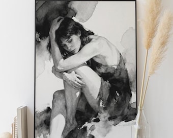 Doblado en el pensamiento • Estudio de figura en acuarela en blanco y negro • Arte mural minimalista (Descarga digital)