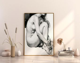 Impresión artística en acuarela de un desnudo sentado con suaves detalles figurativos (descarga digital)