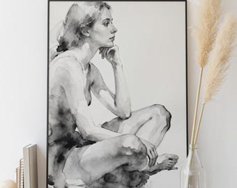 Desnudo femenino reflexivo en acuarela / Impresión figurativa minimalista en blanco y negro (descarga digital)