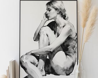 Stampa acquerello di figura femminile / Arte minimalista in bianco e nero (download digitale)