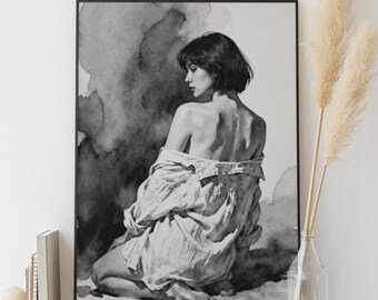 Mujer de espaldas en acuarela con camisa extragrande, arte minimalista en blanco y negro (descarga digital)