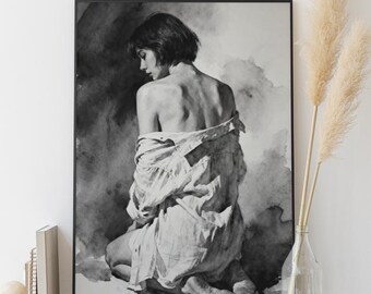 Retrato en acuarela de una mujer reflejada. Arte figurativo moderno en blanco y negro (descarga digital).