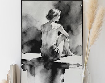 Impresión artística de acuarela de mujer minimalista, blanco y negro (descarga digital)