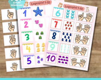 Juego de rompecabezas del 1 al 10, práctica de conteo, cantidades, combinación de tarjetas con imágenes, juego de clasificación Montessori, material para bebés y niños pequeños, PDF, juego de aprendizaje imprimible en alemán, bricolaje