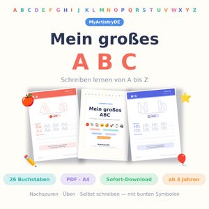 Może przedstawiać: Arkusze do ćwiczeń pisania zatytułowane Mein großes ABC z literami od A do Z. Strony zawierają przerywane kontury liter do śledzenia, linie do samodzielnego pisania oraz kolorowe ikony, takie jak jabłko i dom. Zawiera 26 liter.