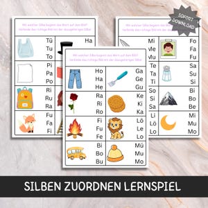 Pode incluir: Três folhas de trabalho educacionais com ilustrações coloridas e texto em alemão. As folhas de trabalho apresentam imagens de objetos como uma mochila, uma raposa e um leão, combinadas com sílabas para combinar. A frase "SOFORT DOWNLOAD" é visível.