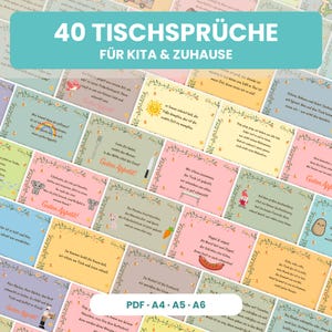 Könnte beinhalten: Eine Sammlung von 40 rechteckigen Karten mit deutschen Tischsprüchen für Kinder. Jede Karte zeigt farbenfrohe Pastellhintergründe, florale Ränder und kleine Illustrationen wie Tiere, Essen und Sonnen. Der Text lautet 40 TISCHSPRÜCHE FÜR KITA & ZUHAUSE.