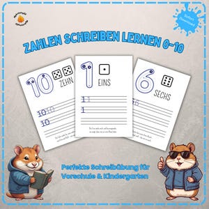 Op de afbeelding: Educatieve printables voor het leren van getallen 0-10. De afbeelding toont drie witte kaarten met blauwe contouren van getallen, dobbelstenen en de woorden "ZEHN", "EINS" en "SECHS". De tekst "Perfekte Schreibübung für Vorschule & Kindergarten" is ook zichtbaar.