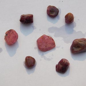 May include: Eight rough gemstones in shades of pink and red are displayed. The stones vary in size and shape, with a natural, irregular appearance. The gems are scattered on a white surface.