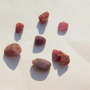 Peut inclure: Collection de sept pierres précieuses rubis brutes et non taillées. Les rubis, de tailles et formes variées, affichent une teinte rouge foncé et rouge-violacé. Elles sont disposées sur une surface blanche, avec des ombres.