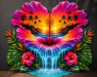 Tropical Hibiscus Flower PNG, Hibiscus Sunset Waterfall, Summer Flowers, Beach Shirt Design, Sublimation Design