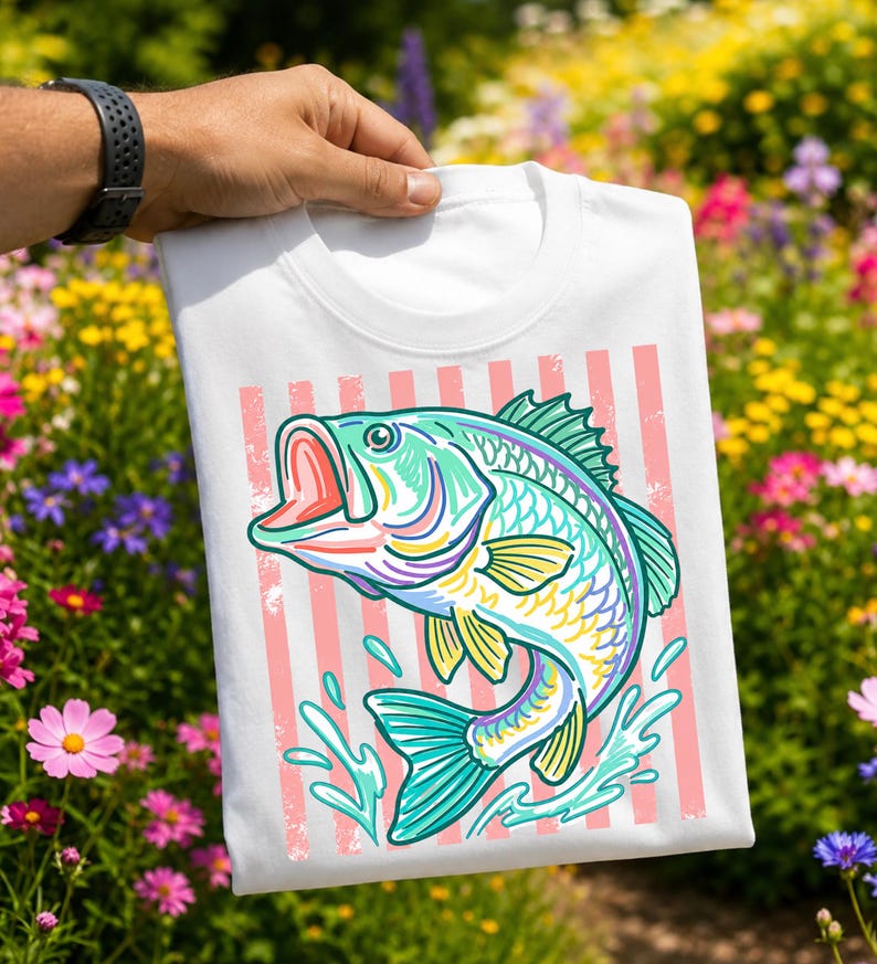 May include: White t-shirt featuring a colorful illustration of a jumping fish with an open mouth. The fish is in shades of teal, yellow, purple, and pink, set against a background of pink vertical stripes. The shirt is held up by a person.