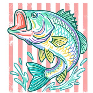 May include: A colorful illustration of a fish leaping out of water against a pink and white striped background. The fish is depicted with vibrant hues of blue, yellow, purple, and red, with open mouth and water splashes.