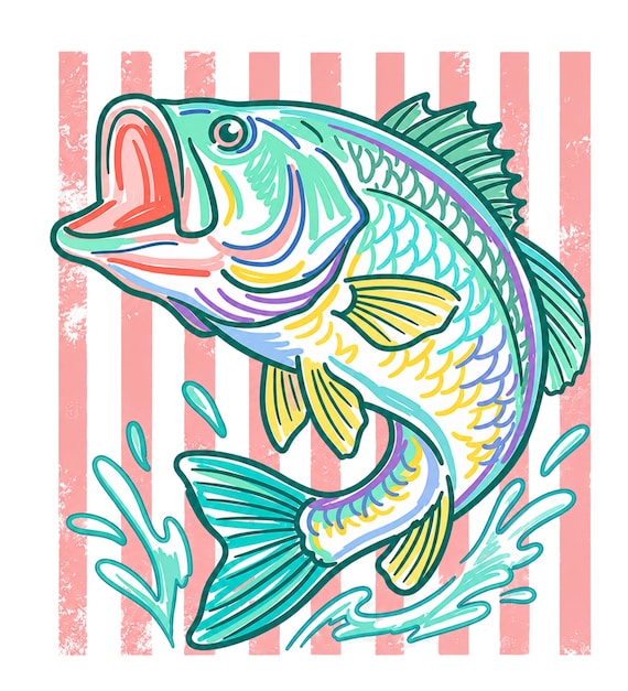 Preppy Bass Fish PNG, Retro Fishing PNG, Lake Stripes Fish Design, Colorful Bass Fish, Summer Fishing Shirt Design, Angler Sublimation PNG,