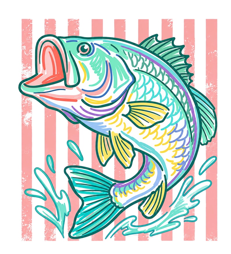 May include: A colorful illustration of a fish leaping out of water against a pink and white striped background. The fish is depicted with vibrant hues of blue, yellow, purple, and red, with open mouth and water splashes.