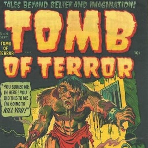 Puede incluir: Portada de cómic vintage "Tomb of Terror" con una figura monstruosa encadenada, con un taparrabos rojo rasgado. El título está en letras grandes amarillas y rojas. Texto: "The Glacier Beast!"