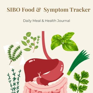 May include: A beige journal cover with the title "SIBO Food & Symptom Tracker" and the subtitle "Daily Meal & Health Journal." The illustration features a stylized human digestive system with herbs and vegetables.