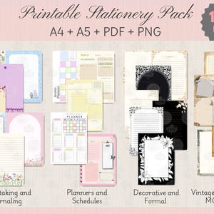 Könnte beinhalten: Ein druckbares Schreibwaren-Set mit über 100 Seiten in den Formaten A4 und A5, inklusive PDF- und PNG-Dateien. Die Sammlung zeigt verschiedene Designs für Notizen, Tagebücher, Planer, Zeitpläne und formelle Dokumente mit Vintage-Motiven.