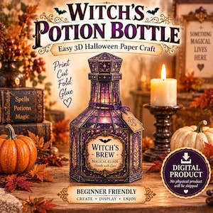 Puede incluir: Una botella de poción de bruja de papel morado con base hexagonal y una etiqueta que dice Witch's Brew Magical Elixir. La botella presenta patrones de estrellas doradas, una pequeña etiqueta con un pentagrama y texto impreso en la superficie.