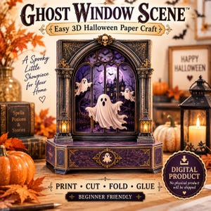 Può includere: Un progetto di artigianato in carta 3D intitolato Ghost Window Scene che presenta un arco gotico con uno sfondo lunare viola, una casa stregata e tre fantasmi bianchi. La base è viola con un emblema di fantasma e il testo Print, Cut, Fold, Glue.